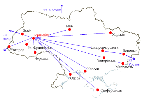 Карта маршрутов через станцию Тернополь